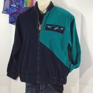 Vintage retro corduroy blue/green bomber jacket
